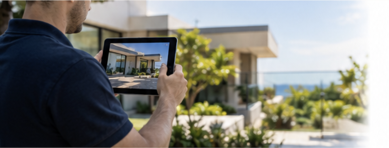 Profissional registrando visualmente as condições de uma residência com um tablet