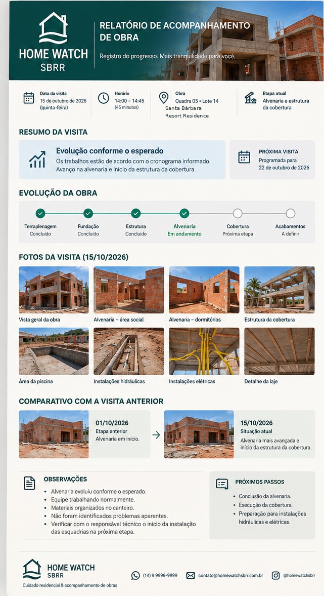 Relatório de acompanhamento de obra, com evolução, fotos e próximos passos